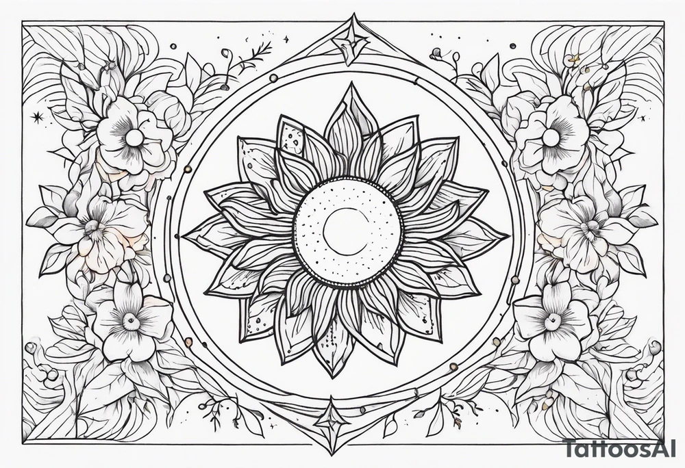 fine line with sun, stars, floral, dots. Sternum tattoo tattoo idea