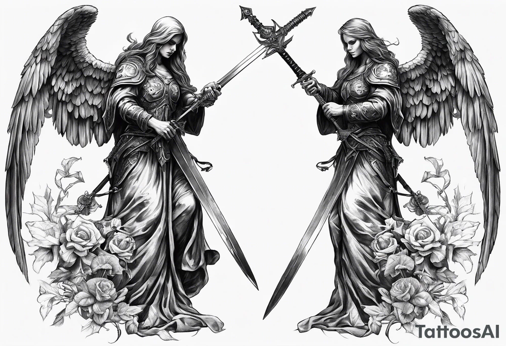 realistic angel of death, full body, without face, holding one sword in both hands, sword pointing downwards, skulls lying on the ground tattoo idea