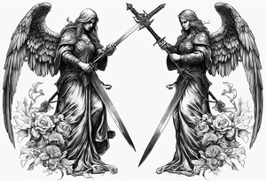 realistic angel of death, full body, without face, holding one sword in both hands, sword pointing downwards, skulls lying on the ground tattoo idea