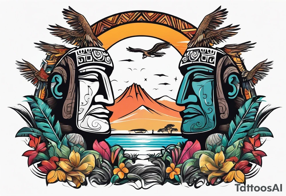 Easter island heads on an island landscape and hawks circling above tattoo idea