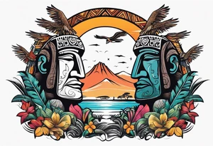 Easter island heads on an island landscape and hawks circling above tattoo idea