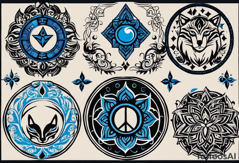 a tattoo whose main theme is balance but also resembles new begining, strong willpower, peace and loyalty. This should be for the front part of the shoulder. maybe add the ying-yang symbol somewhere in the tattoo. Tattoo should have an equal amount of blue and red along with the overall tattoo being black. In corporate a wolf into the tattoo, make sure it resembles ing and yang tattoo idea