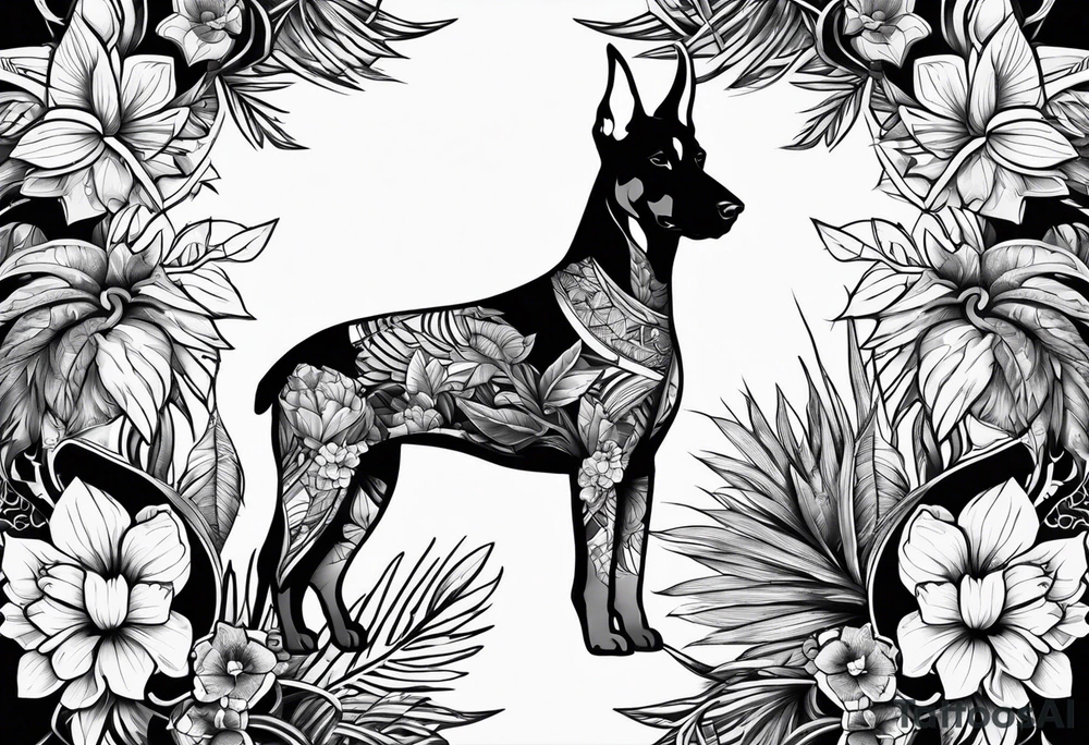 tropical and floral tattoo with doberman intertwined tattoo idea