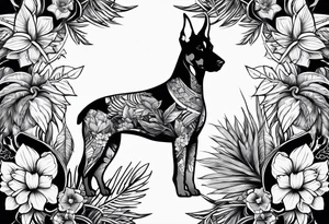 tropical and floral tattoo with doberman intertwined tattoo idea