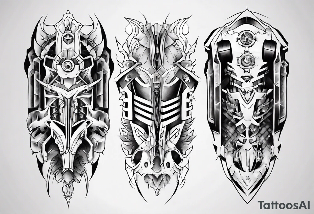 Leg armor mechanical symmetrical tattoo idea