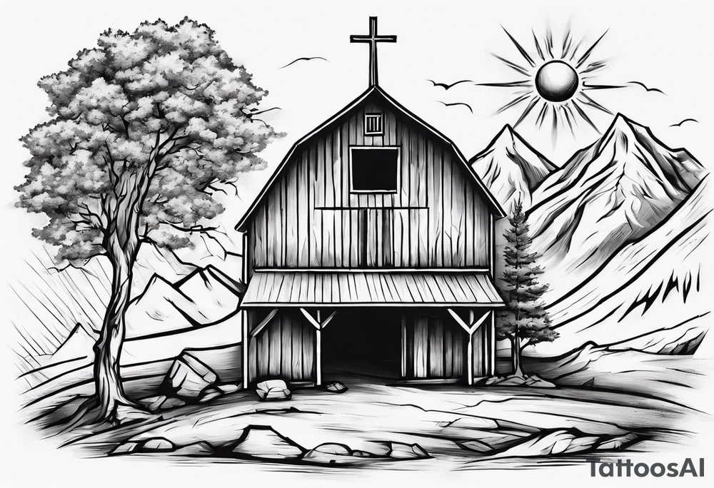 barn with a tree in front with a mountain in the back with a sun above beaming down showing a cross tattoo idea