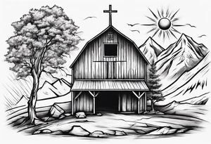 barn with a tree in front with a mountain in the back with a sun above beaming down showing a cross tattoo idea