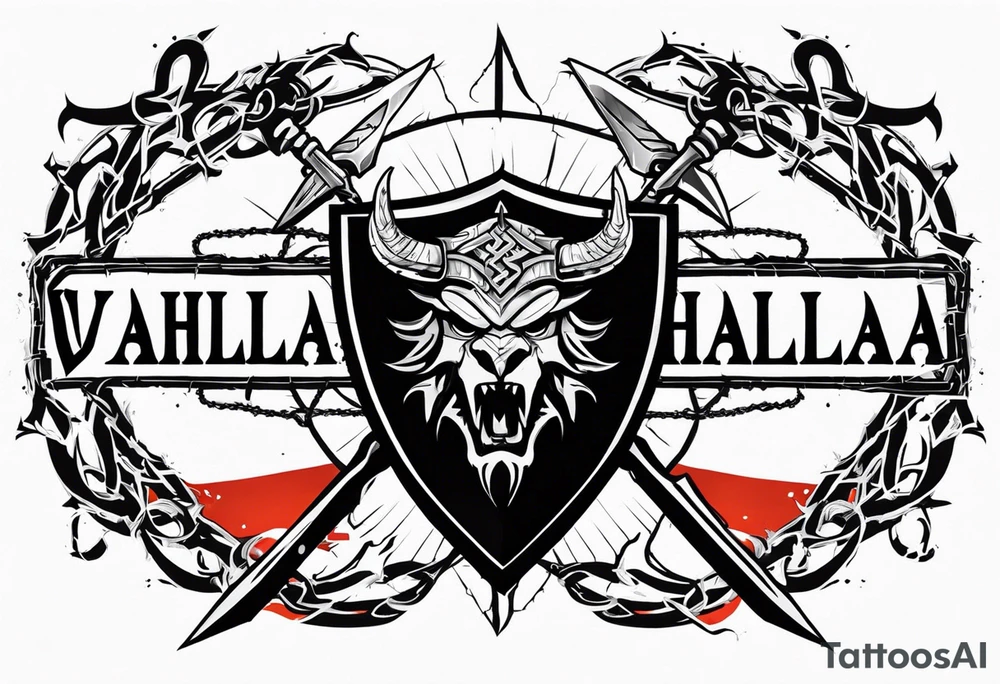 Valhalla on fire 
sword shield barbed  wire tattoo idea