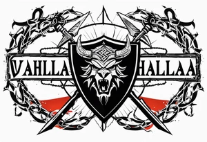 Valhalla on fire 
sword shield barbed  wire tattoo idea
