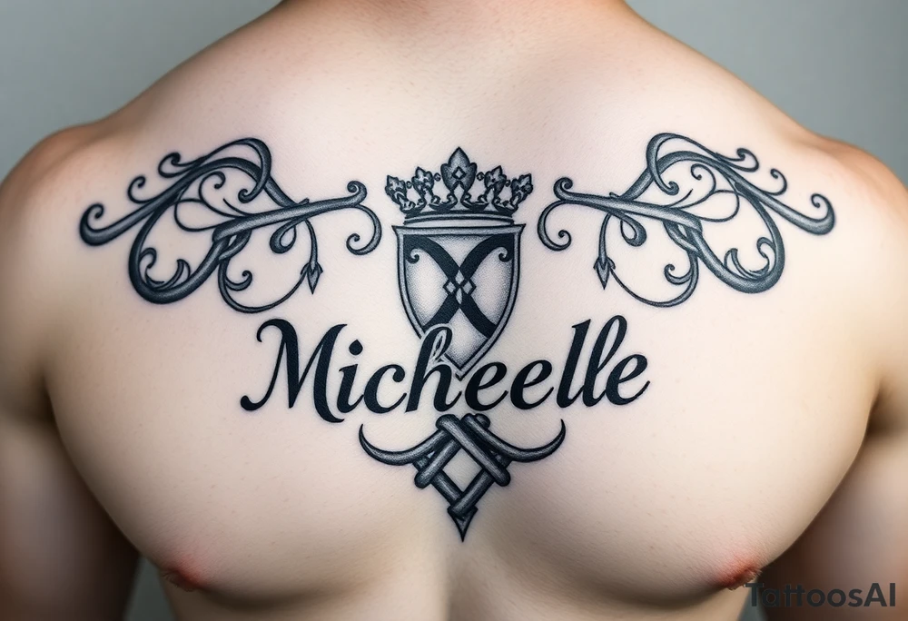 Create a tattoo on a man’s chest if a woman’s name. Claddagh and the name Michelle. Irish themed with Celtic knot throughout tattoo idea
