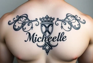 Create a tattoo on a man’s chest if a woman’s name. Claddagh and the name Michelle. Irish themed with Celtic knot throughout tattoo idea