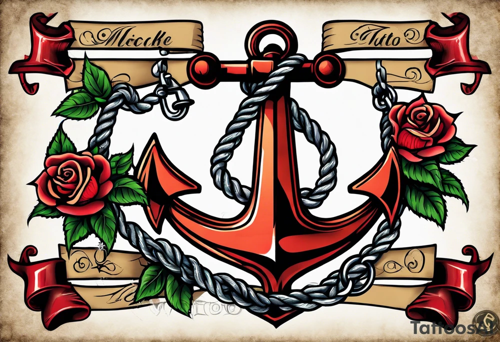 old school anchor with rope wrapped around anchor and banner across anchor and old school roses tattoo idea