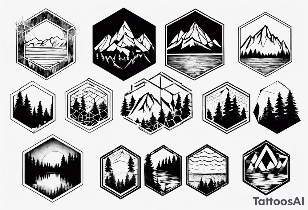 Several connected hexagons, within which is a mountain in the background on the right, a sun on the left, a coniferous forest in the foreground and a lake on the bottom tattoo idea