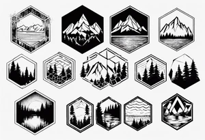 Several connected hexagons, within which is a mountain in the background on the right, a sun on the left, a coniferous forest in the foreground and a lake on the bottom tattoo idea