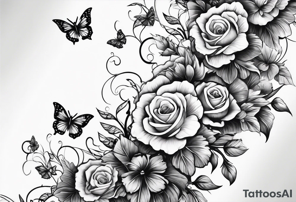 An arm with a single black floral vine wrapped around below the elbow and a bunch of butterflies around it tattoo idea