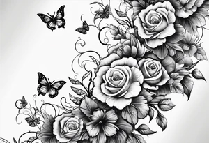 An arm with a single black floral vine wrapped around below the elbow and a bunch of butterflies around it tattoo idea