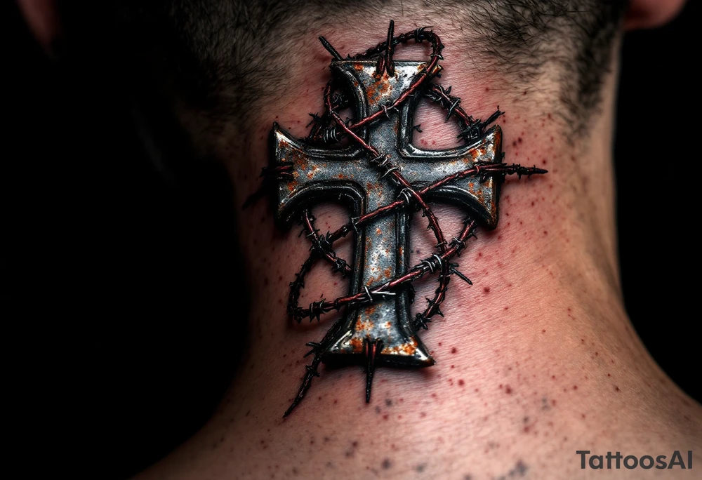 Barbed Wire Cross – A rusty metallic cross wrapped in barbed wire, designed in shades of steel gray and dark red, symbolizing sacrifice and strength. tattoo idea