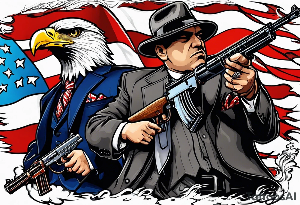 capone style gangsters battling with machine guns against a dark flame background with an angry eagle swooping in with american flag and sexy women tattoo idea