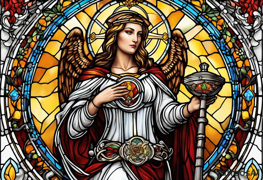 holy saint woman with halo stained glass holding a chalice with artillery tattoo idea