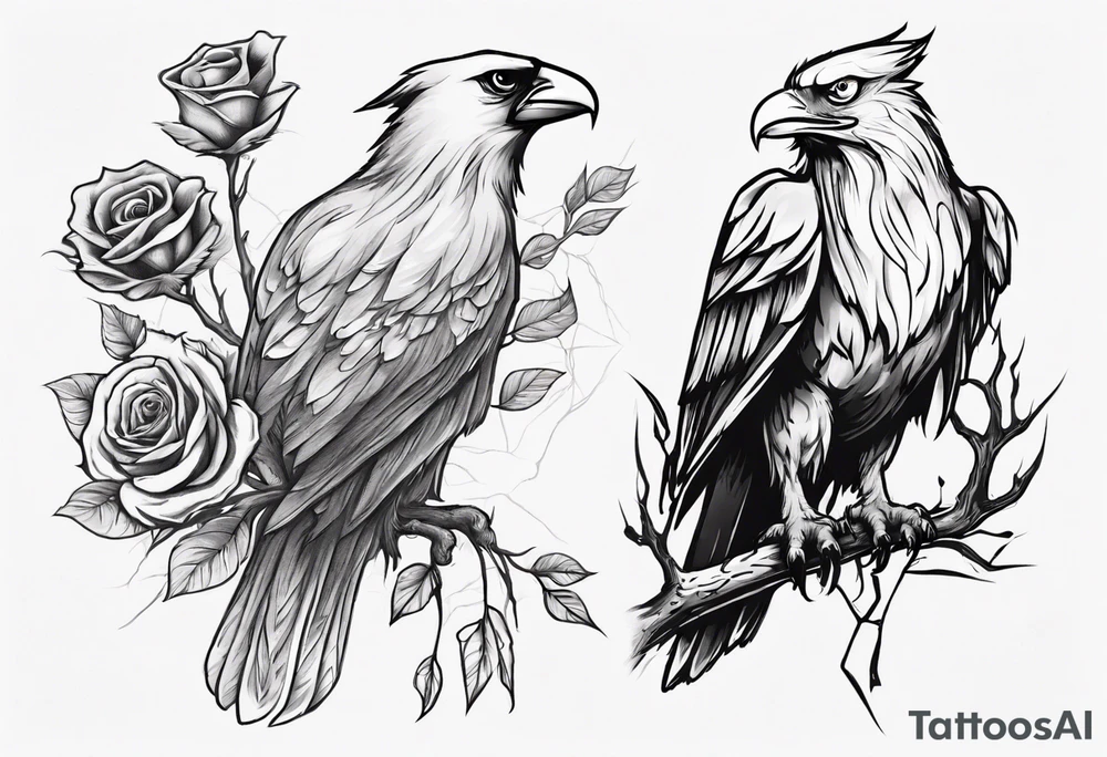 A cardinal with a rose and a eagle sitting in a willow tree. tattoo idea