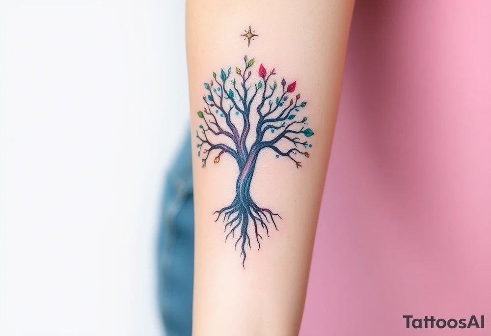 mystical tree of life with cosmic roots and celestial branches tattoo idea