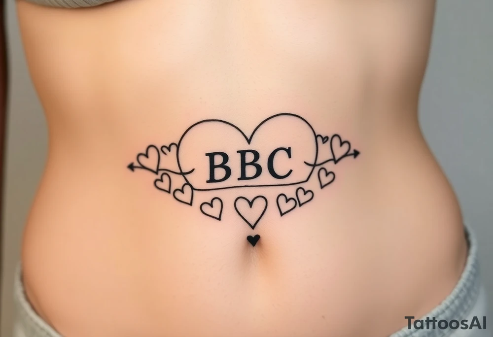 text reading "BBC" across a womb tattoo surrounded by hearts tattoo idea