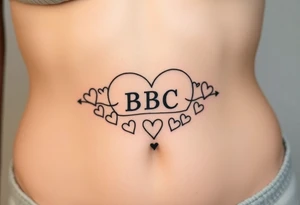 text reading "BBC" across a womb tattoo surrounded by hearts tattoo idea