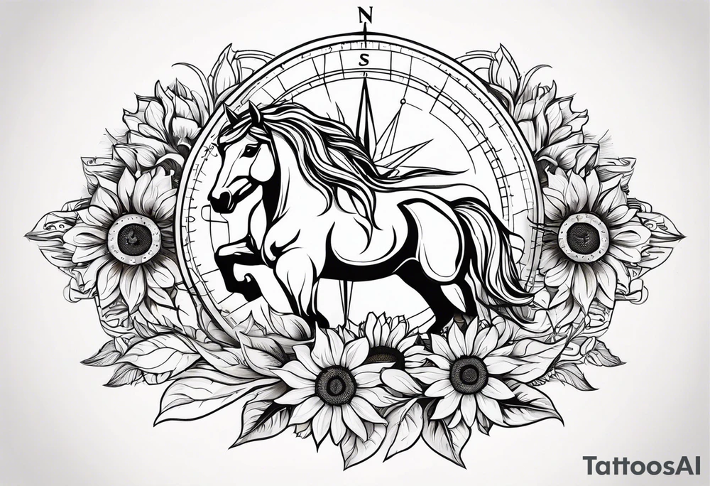 Horse, compass, sunflower tattoo idea