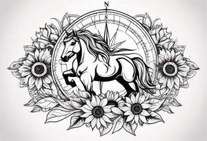 Horse, compass, sunflower tattoo idea