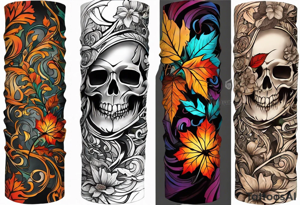 arm sleeve with fall colors, flowers, water flow shapes, leaves and various natural shapes, music notes, skulls tattoo idea