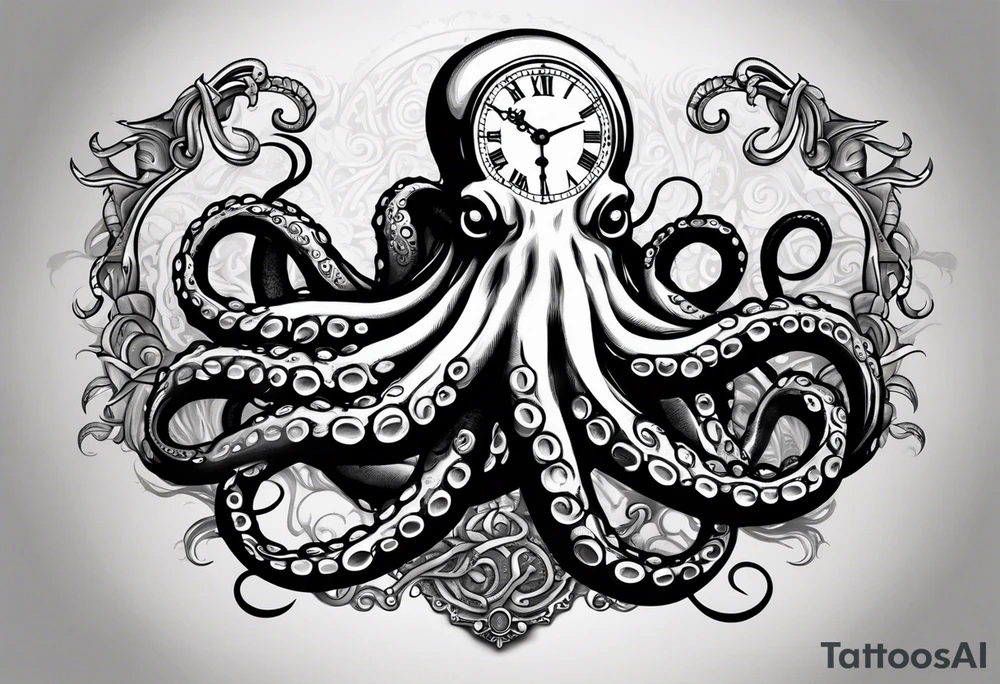 Octopus over an old pocket watch with his tentacles, in a natural pose tattoo idea