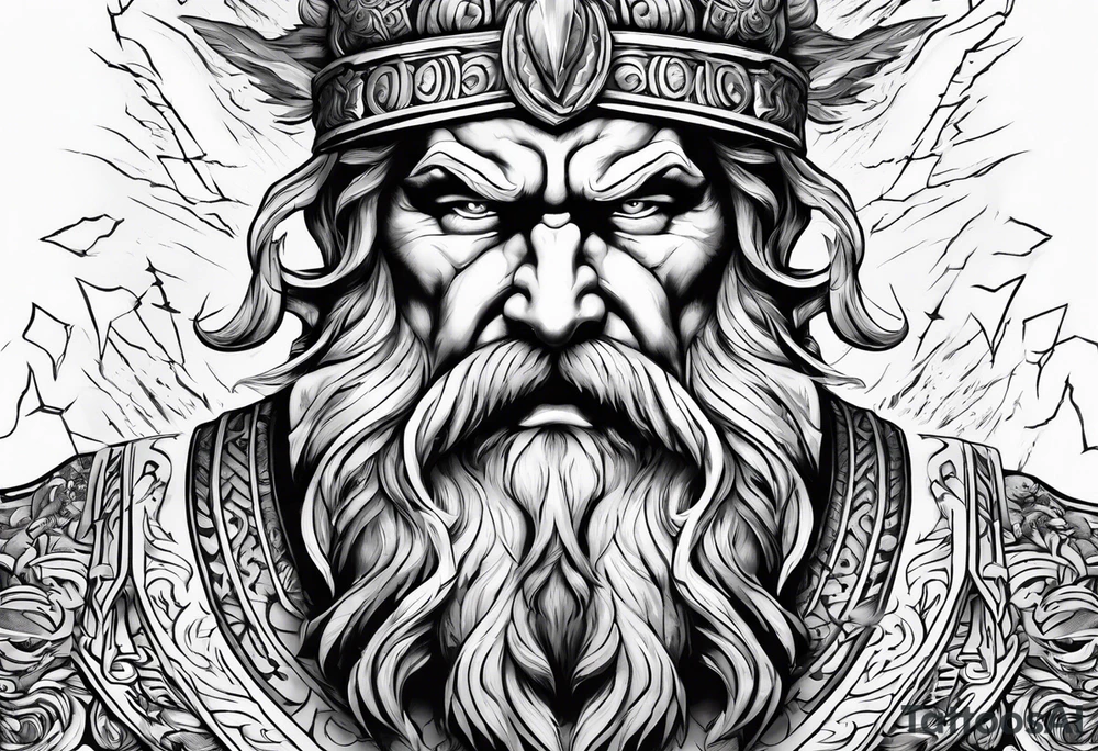 The enraged god Zeus the Thunderer with lightning bolts in a furious tattoo idea