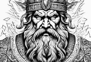 The enraged god Zeus the Thunderer with lightning bolts in a furious tattoo idea