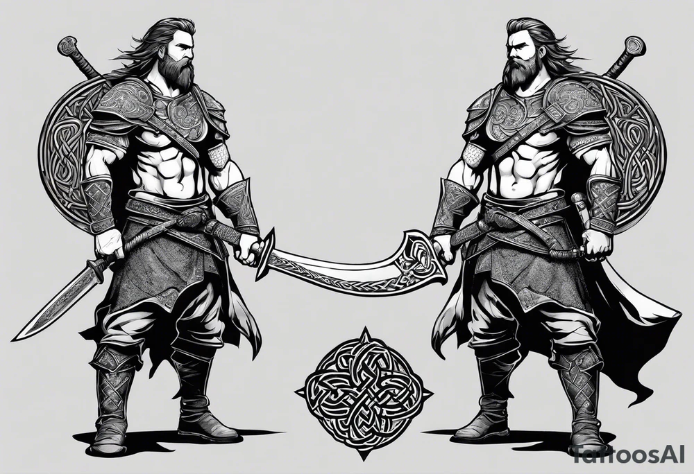Full body side profile of
Celtic warrior with short hair, a sword in one hand and an axe in the other. tattoo idea