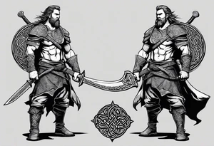 Full body side profile of
Celtic warrior with short hair, a sword in one hand and an axe in the other. tattoo idea