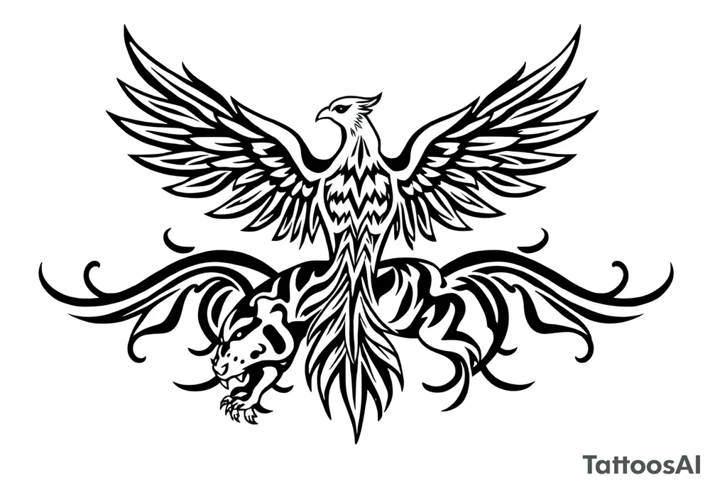 a phoenix perched on a tiger's back tattoo idea