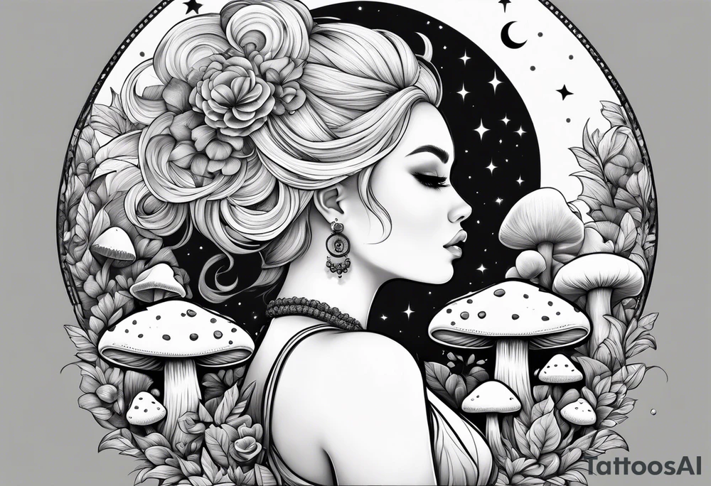 Blonde chubby Girl surrounded by mushrooms crescent moon background tattoo idea