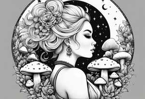Blonde chubby Girl surrounded by mushrooms crescent moon background tattoo idea