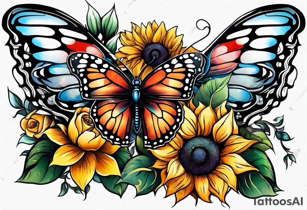 animal butterfly , flower rose, sunflower, tattoo idea