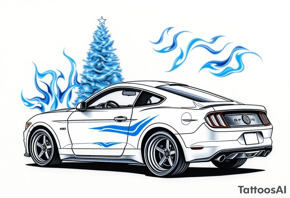 Blue flames, drag racing christmas tree, garrett turbo, nitrous purge, procharger, procomp ultra-lite at 8200rpm, ford racing, ford performance, fox body mustang with 17 in wheels, ford blue tattoo idea
