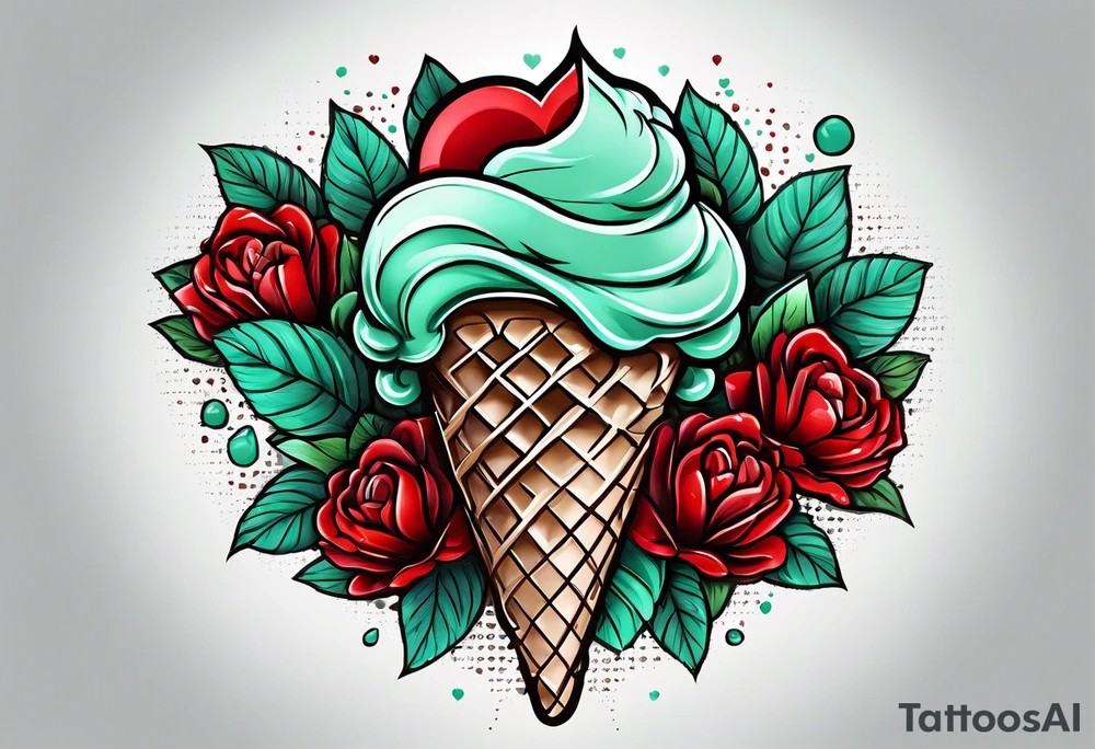mint chocolate chip ice cream cone with small red heart on it somewhere. tattoo idea