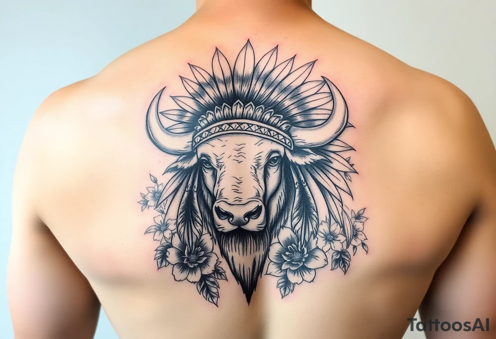 powerful majestic white buffalo with an native American headdress surrounded by flowers tattoo idea
