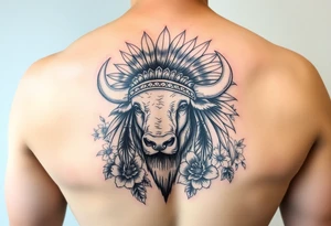 powerful majestic white buffalo with an native American headdress surrounded by flowers tattoo idea