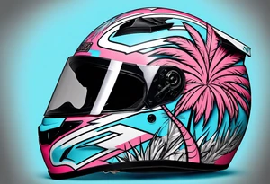 Formula 1 helment with a palm tree and black pink and light blue color tattoo idea