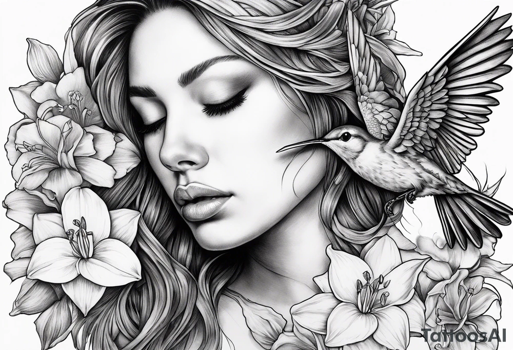 broken angel with head down and face covered by her hair with sagging broken wings surrounded by lily, daffodil, rose, daisy, narcissus holding a hummingbird tattoo idea