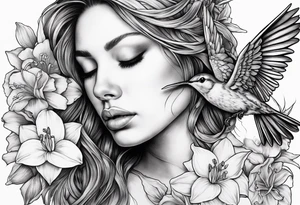 broken angel with head down and face covered by her hair with sagging broken wings surrounded by lily, daffodil, rose, daisy, narcissus holding a hummingbird tattoo idea