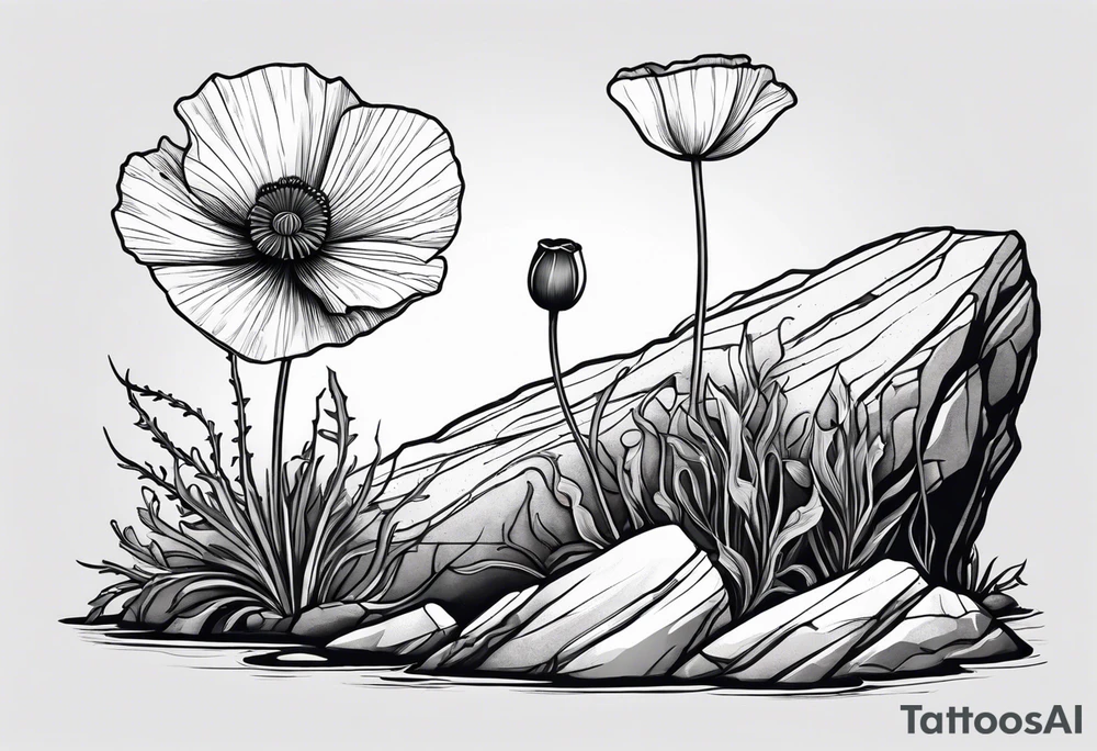 Poppy flower growing from a rock and roots grow down rock tattoo idea