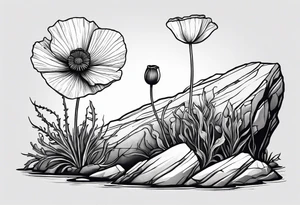 Poppy flower growing from a rock and roots grow down rock tattoo idea