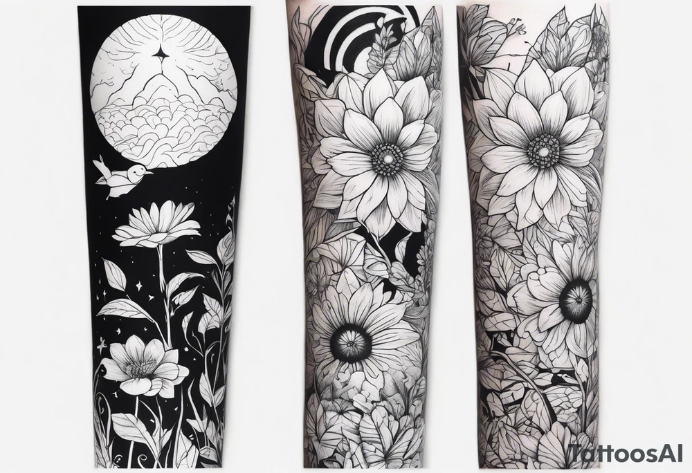 A forearm tattoo portraying darkness and light in a garden tattoo idea