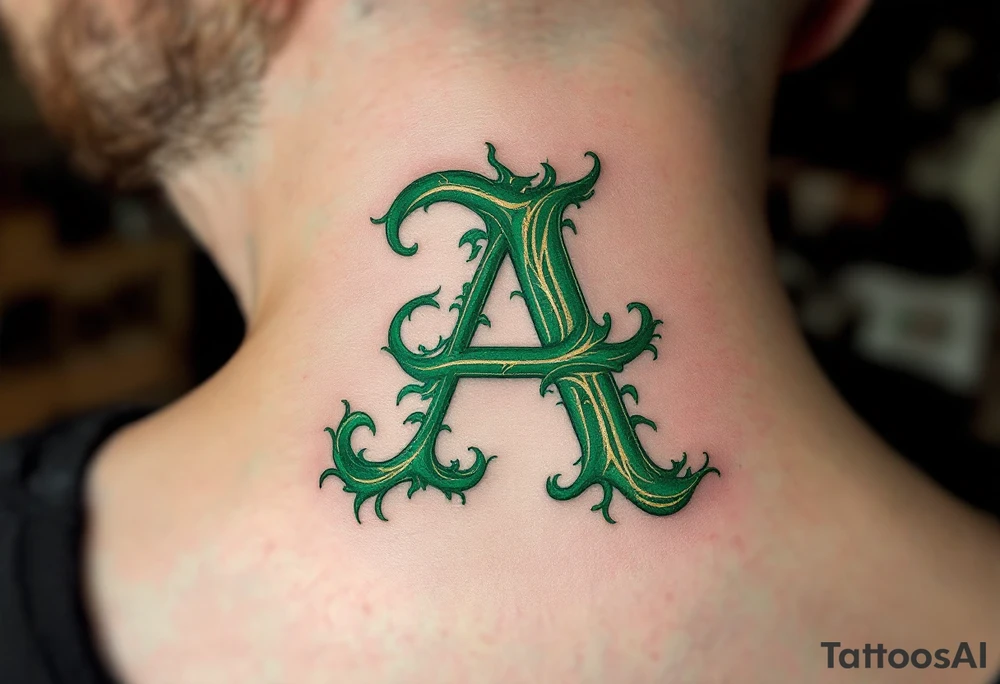 A calligraphy "A" in emerald green with fine golden flourishes. tattoo idea